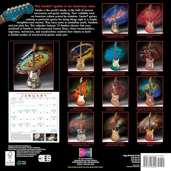 Fender Custom Shop Guitars 2026 Wall Calendar, 12-Month Guitar & Music Photography Calendar, 12" x 12", 2026 Monthly Calendar Planner with Large Grids
