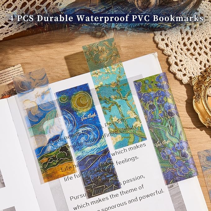 4PCS Fantasy Bookmarks, 5" × 1.5" Gold Foil PVC Book Marker, Van Gogh Inspired Bookish Gifts for Book Lovers