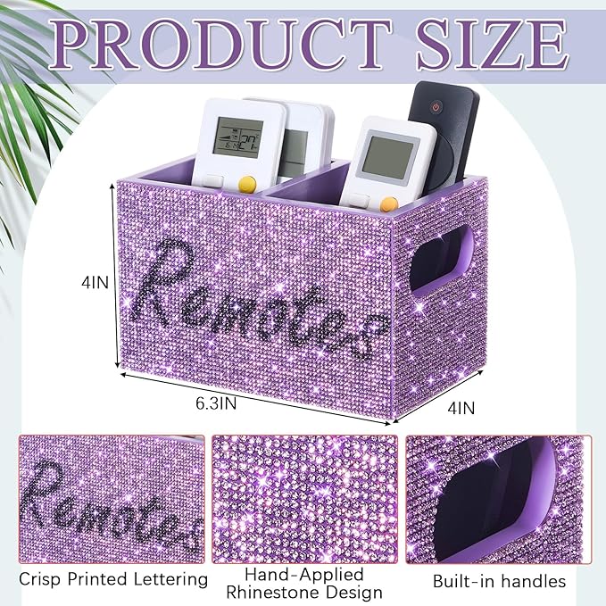 MotiMind Bling Rhinestone Remote Control Holder Crushed Diamond 2 Compartment Decorative TV Remote Caddy Organizer Storage Box Table Nightstand with and Label, Sparkly Gifts for Christmas (Purple)