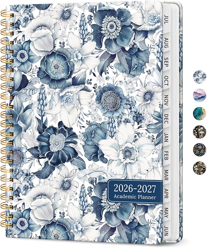 Planner 2026-2027, Academic Year Monthly and Weekly Calendar Planner, Jul 2026 - Jun 2027, Hardcover Teacher Student Planning Agenda book with Tabs, Perfect for School Office Supplies, 8.5" x 11" - Blue Floral