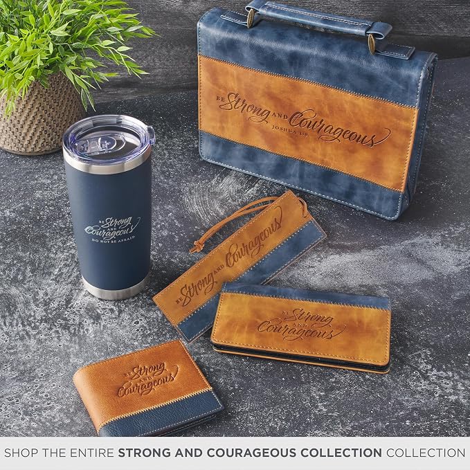 Christian Art Gifts Premium Vegan Leather Scripture Bookmark for Men & Women: Strong & Courageous Inspirational Bible Verse, Unique Sturdy Luxury Reading Book Accessory, Light Brown & Navy Blue & Cord