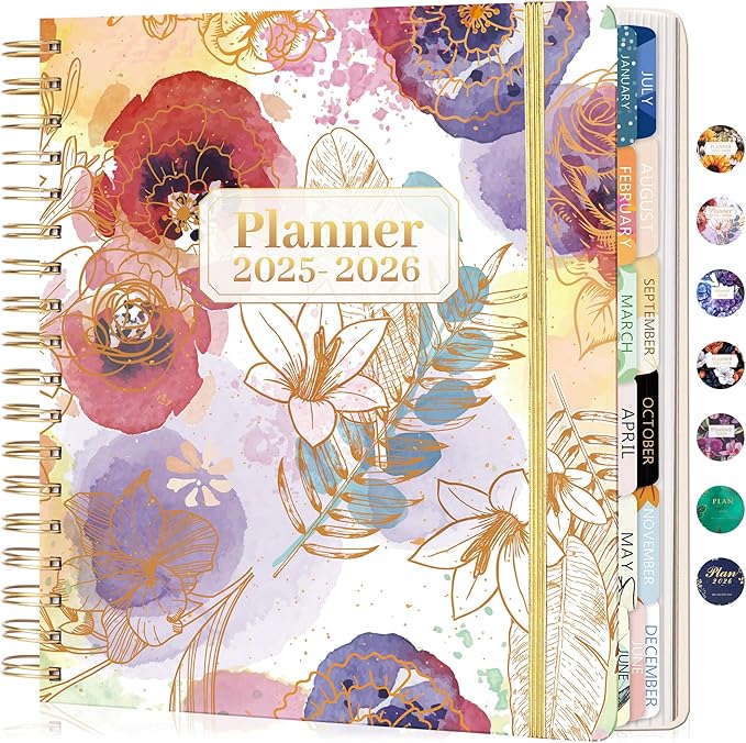 CAGIE 2026 Planner Weekly and Monthly — January - December 2026 Calendar, Hardcover Spiral Bound, 13 Monthly Dividers Tabs, Stickers, 8.3 x 9.3 Inch, Women Floral Planner Agenda For Work, Family Affiar, Personal