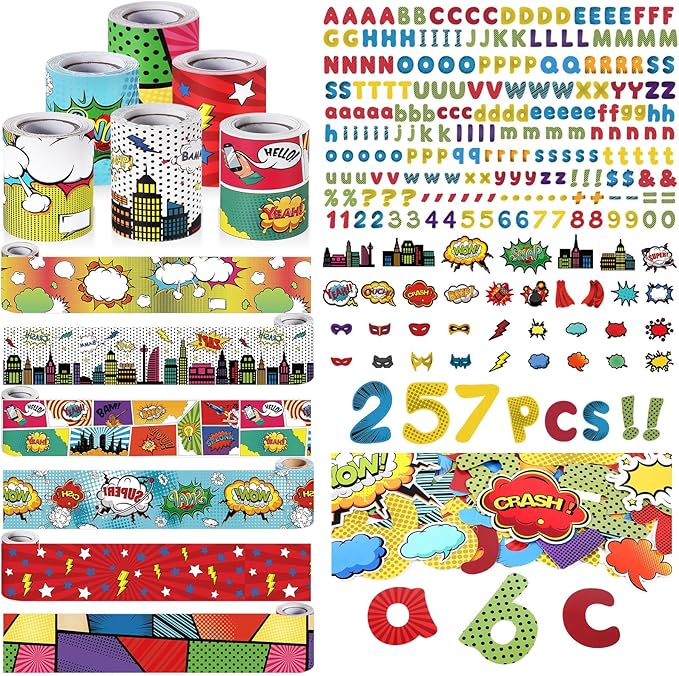 Kosiz Colorful Bulletin Board Decoration Set 118 ft Scalloped Bulletin Board Borders Classroom Poster Border Trim with 257 Pcs Letter Number Symbol Cutout for School Decor(Yeah Style)