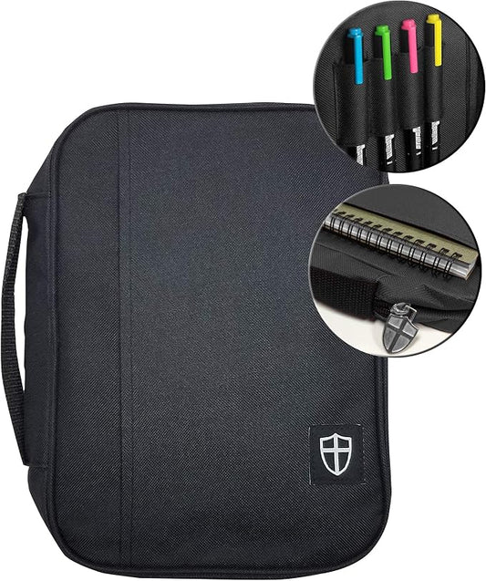 Armor of God Bible Cover & Book Cover | Oxford Cloth with Handle & Cross Emblem Zipper-Pull | 4 Pen Loops Inside Cover | Outside Pocket | Black & Lavender | Large & XL