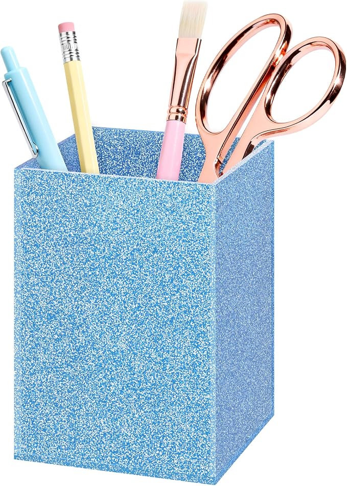 Blue Glitter Acrylic Pen Holder, Acrylic Makeup Brush Storage Organizer, Pencil Pen Holder for Desk, Modern Desktop Accessories for Office School Home Supplies
