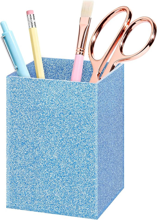Blue Glitter Acrylic Pen Holder, Acrylic Makeup Brush Storage Organizer, Pencil Pen Holder for Desk, Modern Desktop Accessories for Office School Home Supplies