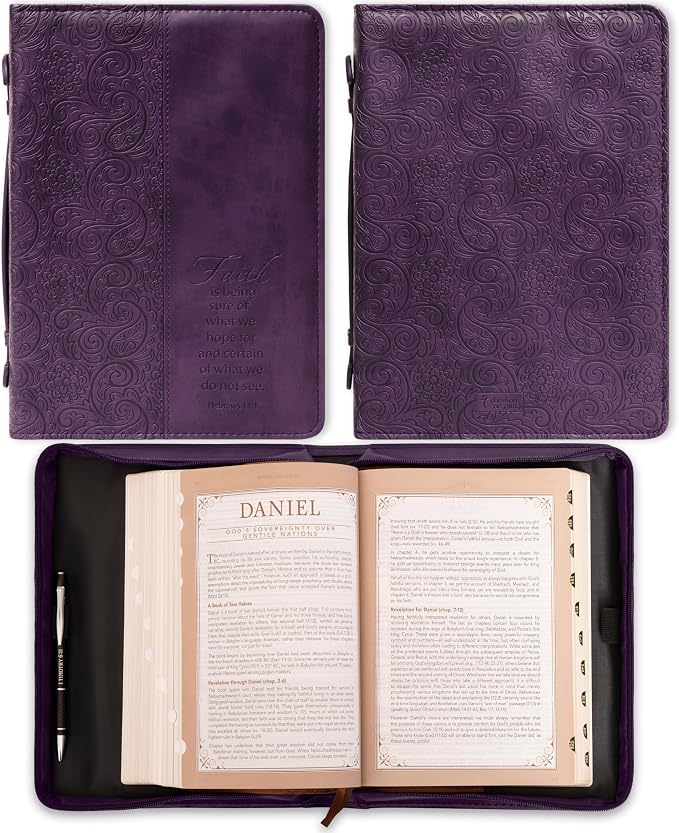 Christian Art Gifts Women's Fashion Bible Cover Faith Hebrews 11:1, Purple Paisley Faux Leather, Large