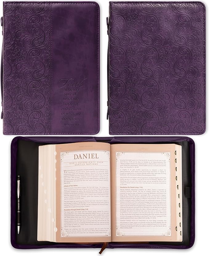 Christian Art Gifts Women's Fashion Bible Cover Faith Hebrews 11:1, Purple Paisley Faux Leather, XL