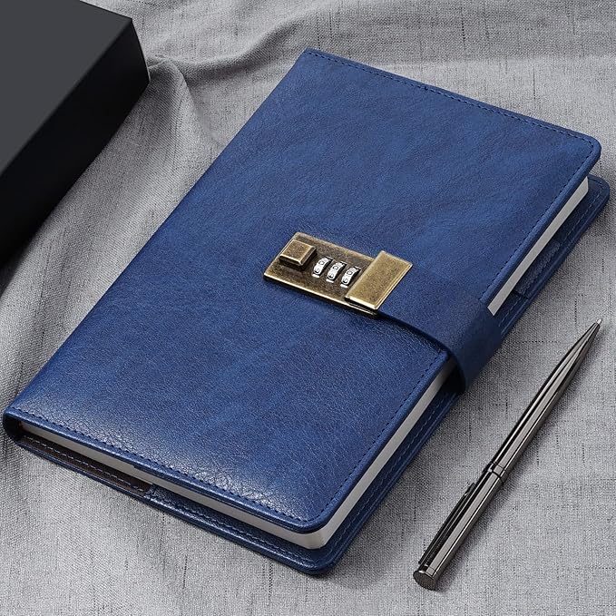 WEMATE Diary with Lock, A5 PU Leather Journal with Lock 240 Pages, Vintage Locks Journal Password Notebook with Pen, Locks Diary Planner Organizer for Men and Women, 8.6x5.8in Blue
