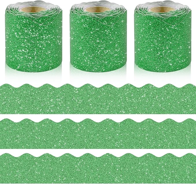 3 Rolls 98.4 Ft Glitter Bulletin Board Borders Set - Dark Green Bulletin Board Decor for Classroom, Office, School Supplies & Home DIY - Perfect for Teachers, Posters & Birthday Decor (Green)