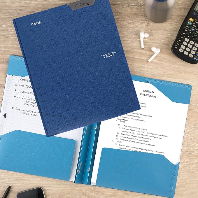 Five Star 2-Pocket Folder, Plastic Folder with Stay-Put Tabs and Prong Fasteners, Holds 8-1/2" x 11" Paper, Tidewater Blue (72107)