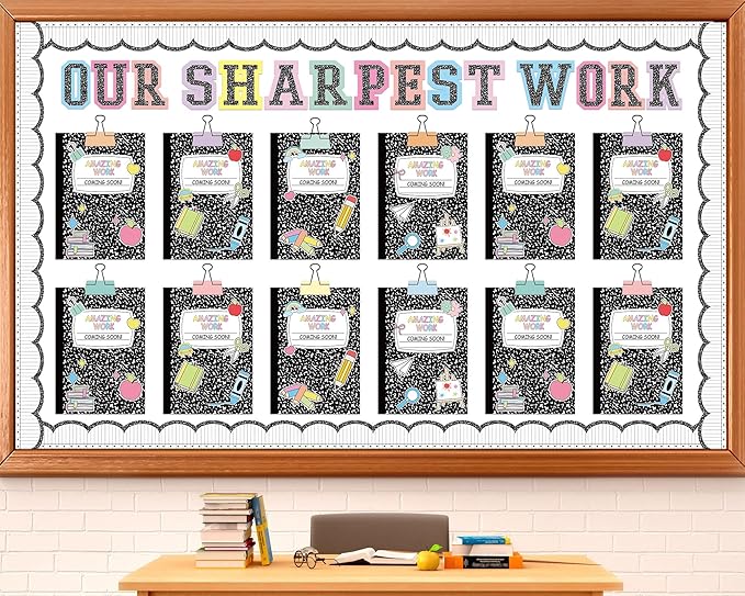 Wiooffen 154 Pcs Student Work Display Bulletin Board Set Cutouts with Clips Names Display Inspirational Student Works Classroom Wall Decor for Teachers Back to School Supplies Composition Notebook