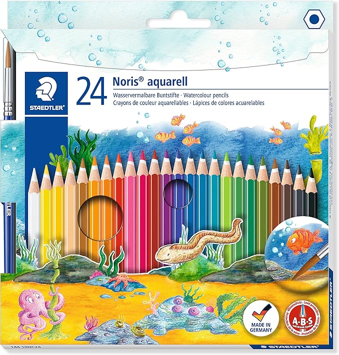 STAEDTLER 144 10NC24 Noris Club Aquarell Watercolour Pencils Plus Paint Brush, Assorted Colours, Pack of 24