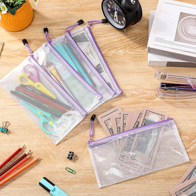 Sherr 120 Pcs Mesh Zipper Pouch A6 Pencil Pouches Bulk Small Clear Mesh Bags with Zipper 9.45'' x 4.53'' Waterproof File Bag Pencil Case for School Office Travel Organization(Purple)
