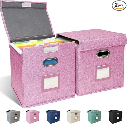 2 Pack Hanging File Folder Box with Lid, Durable Letter Size Filing Storage Box, Sturdy File Holder with Cardboard Support PVC Rails for Office Home Organizer, Pink
