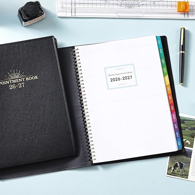 Appointment Book & Planner 2026-2027 - Daily Hourly Planner 2026-2027, 8.5" x 11", Jul 2026 - Jun 2027, Weekly Appointment Book 26-27, Planners with Colorful Tabs, Leather Cover, 15-Minute Interval - Black