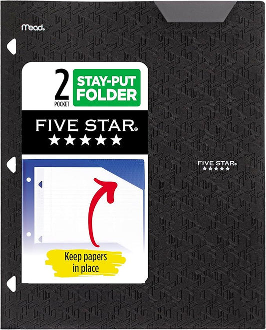Five Star 2-Pocket Folder, Plastic Folder with Stay-Put Tabs, Fits 3-Ring Binder, Holds 8-1/2" x 11" Paper, Black (333420G-ECM)