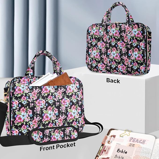 PUGPIU Bible Cover Case for Women, Large Quilted Bible Bag with Shoulder Strap and Handle, Bible Study Supplies Journaling Kit with Highlighters Pens No Bleed Tabs Notebook Cross Clips (Floral)