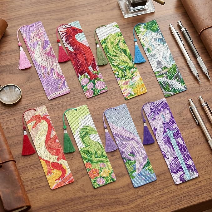 Dragon Diamond Art Bookmarks Kits - 8 Pcs DIY Diamond Painting Bookmarks with Tassel, Colorful Gem Art Craft Birthday Festival Gift for Reading Lover Beginners Bookworn