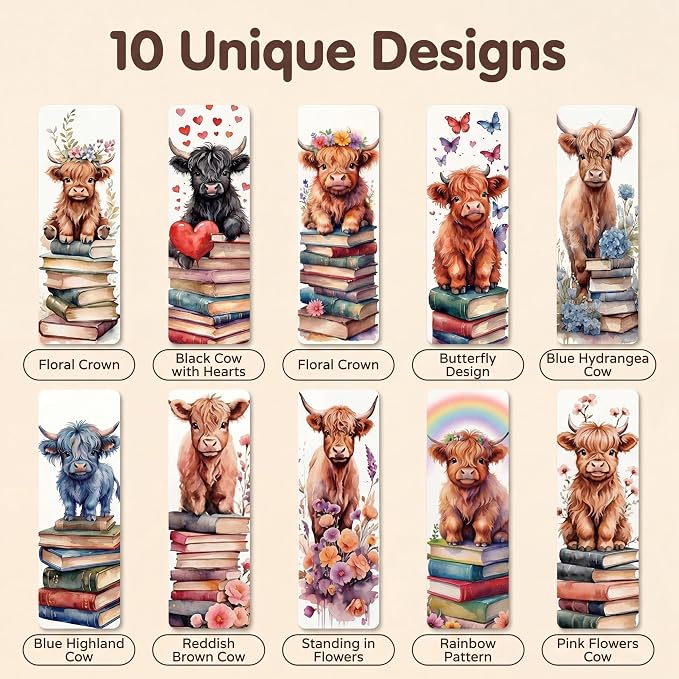 Highland Cow Bookmarks (10 Pack), 6''x2'' Cute Bookmarks Gifts for Graduation Readers & Book Lovers Double-Sided Bookmark for Women Men, Matte Laminated Round Corners Page Markers