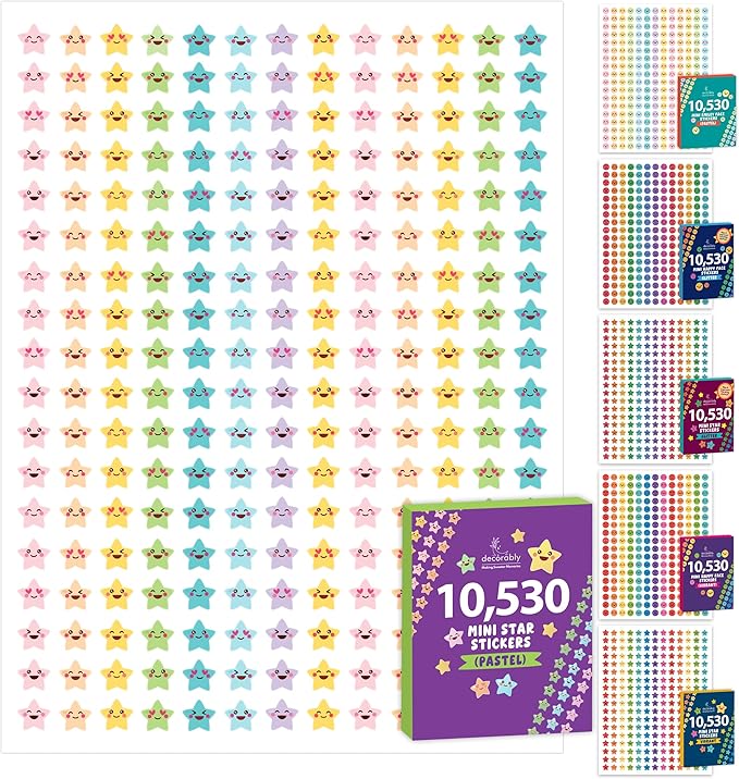 Decorably 10,530 Pastel Reward Stickers for Kids Classroom - 45 Sheets with 7 Vibrant & Cute Designs for School Activities, Positive Reinforcement, Arts & Crafts, Scrapbooking, Gift