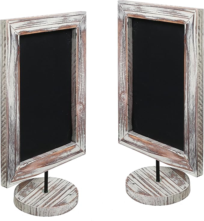MyGift Set of 2, 12 Inch Chalkboard Sign with Torched Wood Rectangular Frame and Round Base, Rustic Wedding Table Place Card Signage, Small Kitchen Countertop Memo Board