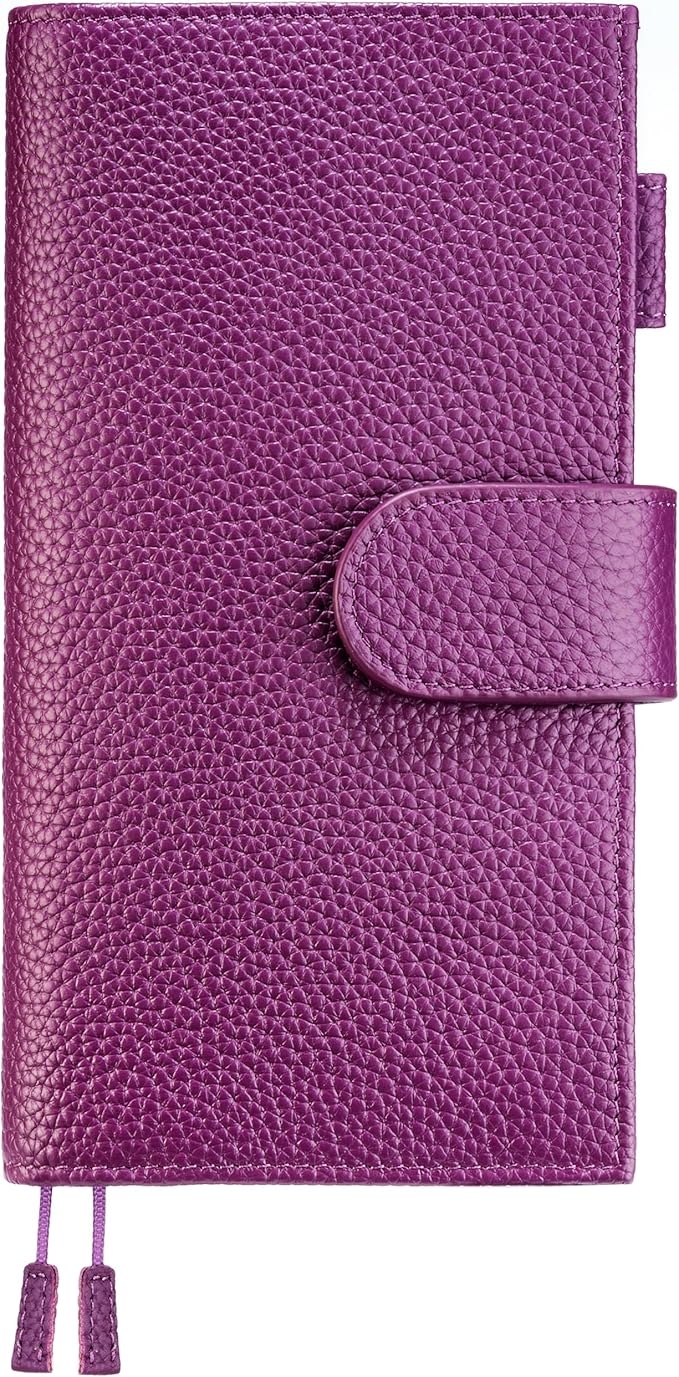Genuine Leather Cover for Hobonichi Weeks/Weeks Mega with Pen Loop, Card Slots, Back Pocket, and Bookmarks (Purple)
