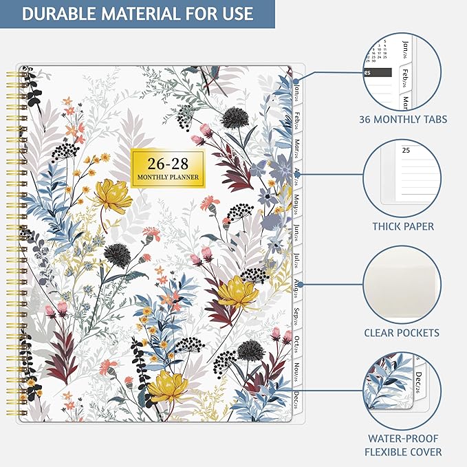 Monthly Planner 2026-2028, 36 Months Calendar Planner 2026-2028 from Jan 2026 – Dec 2028, 8.5'' x 11'' with Ruled Spread, Flexible Cover, Spiral Wirebound, Pocket, Coated Tabs, Notes ＆ Habit Tracker