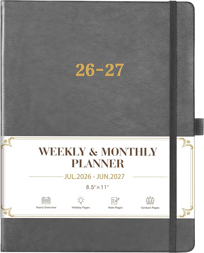 2026-2027 Planner - Weekly and Monthly Planner 2026-2027, Jul. 2026 - Jun. 2027, 9" x 11", 26-27 Calendar Planner with Inner Pocket + Elastic Closure + Pen Loop + Bookmarks, Leather Hardcover - Grey