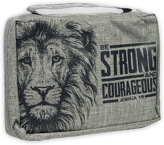 Christian Art Gifts Value Poly-Canvas Bible Cover for Men & Women: Strong & Courageous Bold Lion - Joshua 1:9 Inspirational Scripture w/Pocket, Sleeves, Pen Loops to Organize Accessories, Gray, Large
