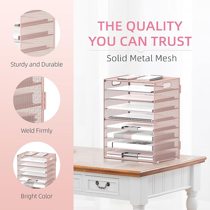 DALTACK 9-Tier Paper Organizer for Desk, Mesh Letter Tray Desk Organizer with Handles, Space-Saving File Organizer for Office Home School, Pink