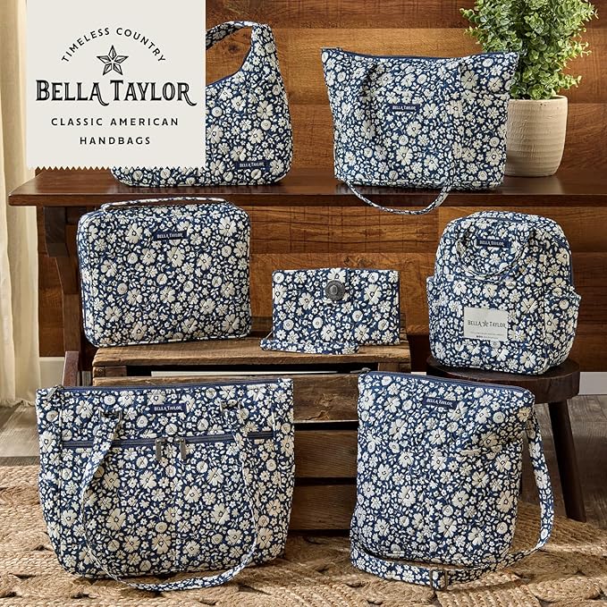 Bella Taylor Small Bible Cover for Women - Quilted Cotton Bible Case for 6 x 9 inch Books - Bicolor Floral Navy