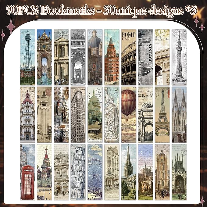 Wxiben Scenic Building Bookmarks Gifts - 90 Pcs Retro Landmark Buildings Paper Bookmarks Travel Book Markers Page Clip Gift for Women Men Teachers Office Book Lovers Bookish Reading Accessory
