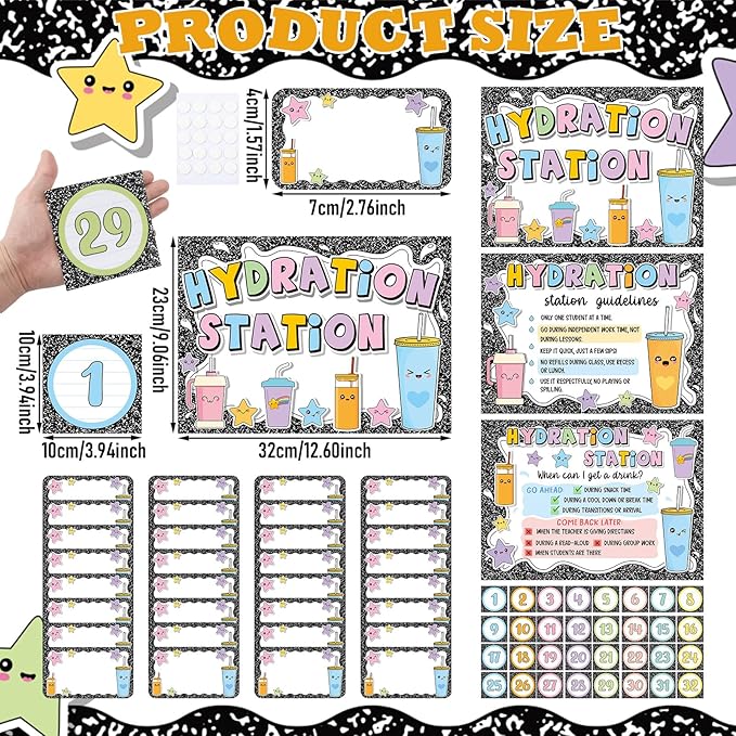 Frienda 67 Pcs Classroom Water Station Decor Set, Hydration Station Posters with Name and Number Stickers, Self-Adhesive Cup Organization Kit for Preschool Elementary School, Back to School Supplies