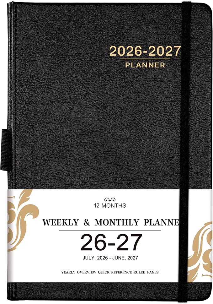 Planner 2026-2027 - 2026-2027 Weekly Monthly Calendar, July 2026 - June 2027, 5.85'' x 8.5'' Agenda with Leather Cover, Pen Holder, Elastic Closure, 24 Ruled Pages