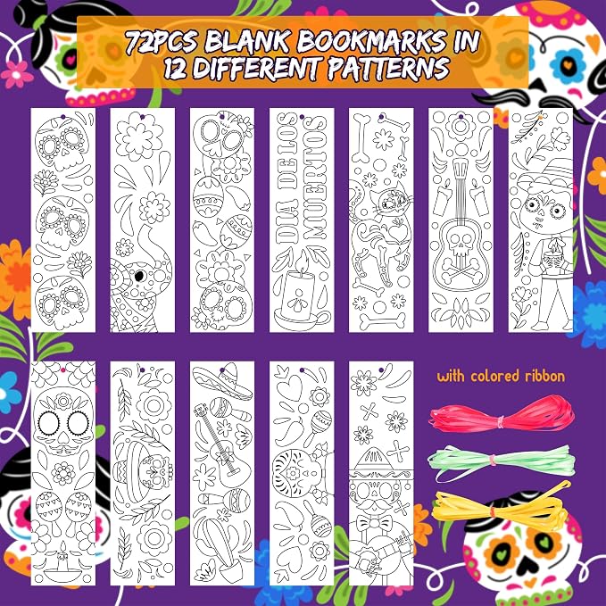 75Pcs Day of the Dead Color Your Own Bookmarks, Mexico Theme DIY Coloring Blank Bookmark Mexican Fiesta Party Game Prize Art Craft Supplies for Teachers Students Classroom Reward Goodie Fillers