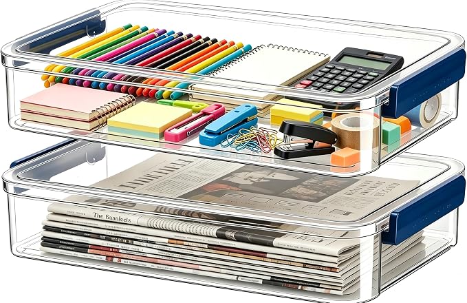 2 Pcs Plastic Storage Bins - Scrapbook Paper Organizer & Craft Storage Organizer, Plastic File Box for A4 Paper, Files, Stationery - Stackable Storage Boxes for Home/Office/School