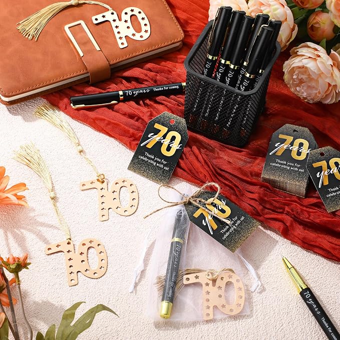Spakon 50 Set 70th Birthday Party Favor for Guest Anniversary Party Favor Golden Birthday Bookmark Thanks Coming Pen with Tag Appreciation Gifts for Women Men Wedding Anniversary