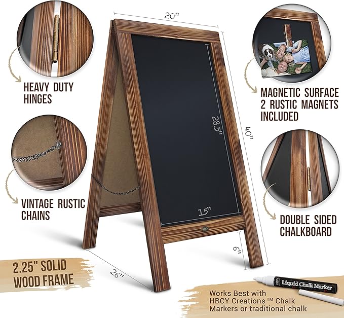 A Frame Chalkboard with Chalk Markers by HBCY Creations: 40x20 Solid Wood A-Frame Sign Gray Double-Sided Magentic Menu Board, Deluxe Set Includes 8 Chalk Markers, 10 Stencils, 2 Magnets