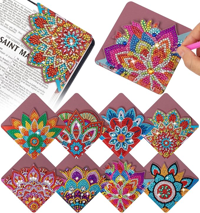 8 PCS Diamond Art Bookmarks, Diamond Painting Bookmarks for Book Lovers 5D DIY Corner Bookmark Adults Crafts Diamond Art Kits for Adults Kids Home Office Beginner Gift