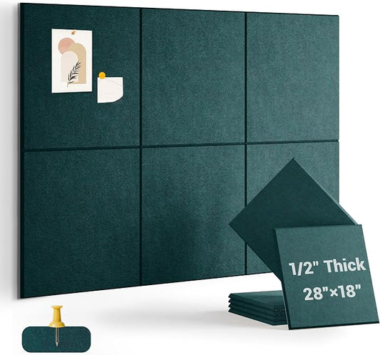 1/2" Thick Cork Board for Office, 6 Pack Felt Wall Tiles -28"x18" with Safe Adhesive Tabs, Large Bulletin Board, Push Pin Board Organizer Wall - Forest Green