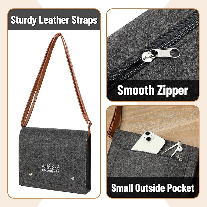 Mr. Pen- Felt Bible Cover Case, Medium Size, Felt Carrying Book Case with Leather Straps, Bible Protective Church Bag for Men & Women, Christian Gifts, Gray