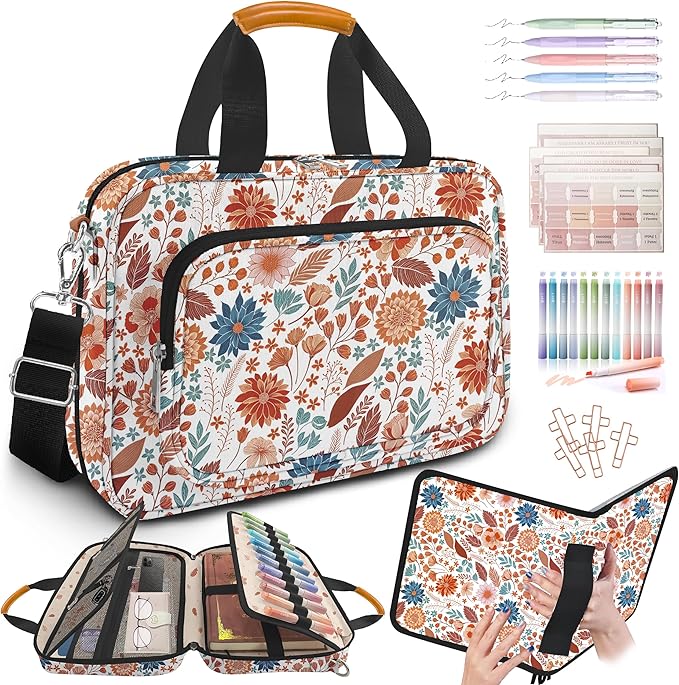 Bible Cover Case for Women,Bible Carrier,Floral Print Bible Bags for Women Organizer,Bible Holder Case with Shoulder Strap,Handle,Bible Study Supplies Kit with Highlighters,Tabs,Pens,Christian Gift