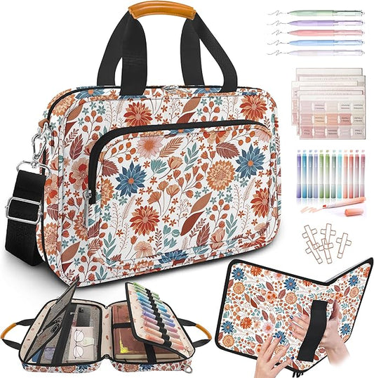 Bible Cover Case for Women,Bible Carrier,Floral Print Bible Bags for Women Organizer,Bible Holder Case with Shoulder Strap,Handle,Bible Study Supplies Kit with Highlighters,Tabs,Pens,Christian Gift
