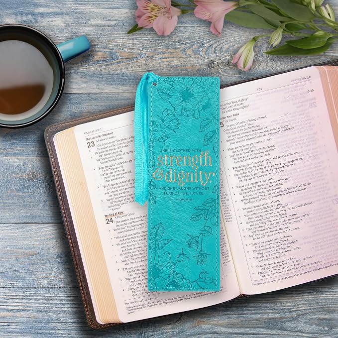 Christian Art Gifts Vegan Faux Leather Scripture Bookmark for Women: Strength and Dignity - Proverbs 31:25 Inspirational Bible Verse, Heat-Debossed, Faith-Based Reading Accessory with Tassel, Teal