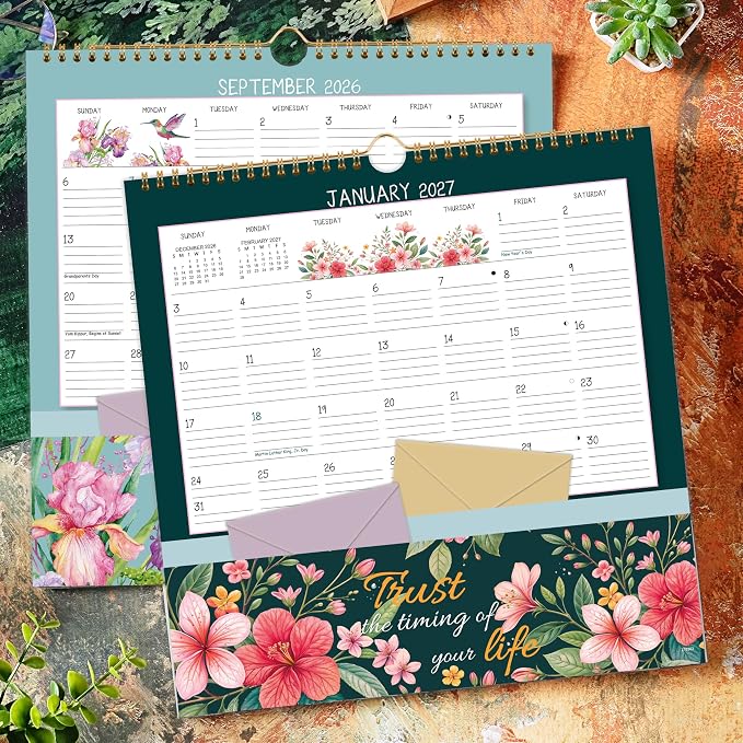 Wall Calendar 2026-2027 - Pocket Calendar, 11.2" x 11.2", 2026-2027 Calendar with Pockets, Jul. 2026 - Dec. 2027, Wall Calendar 18 Month with One Pockets, Calendars for Office School Home, Golden Twin Wire Binding, Premium Paper - 12 Different Floral