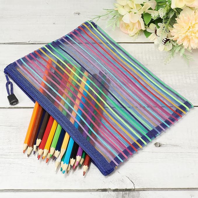 MECCANIXITY Mesh Zipper Pouches, A5 Colorful Pencil Case Document File Bags Storage Organizer for Office Supply Travel Accessory, Blue Pack of 6