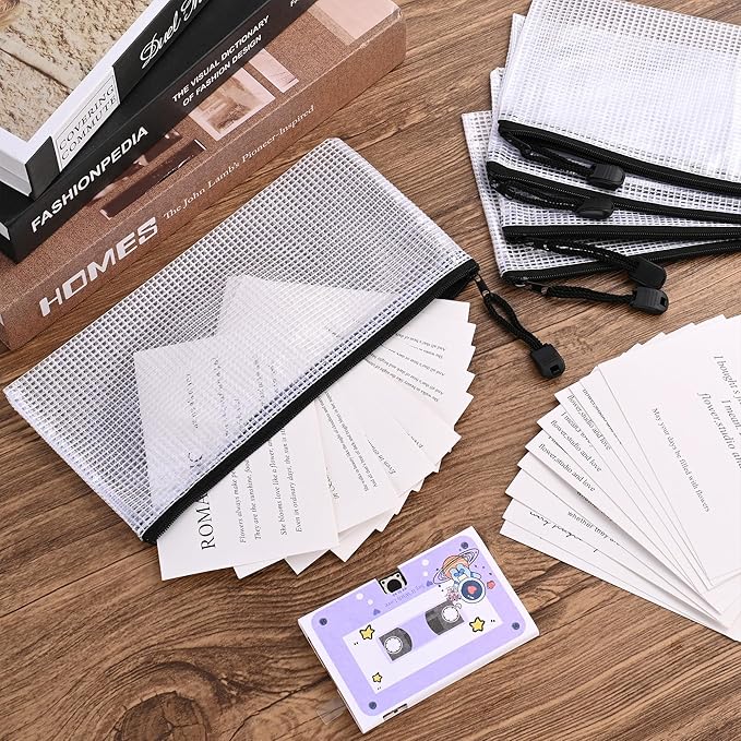 12 Pieces Clear Plastic Mesh Zip Pouch - Document Holder, Pencil Case, Waterproof Storage for Office Supplies, Bills, and Files.Black Zipper.