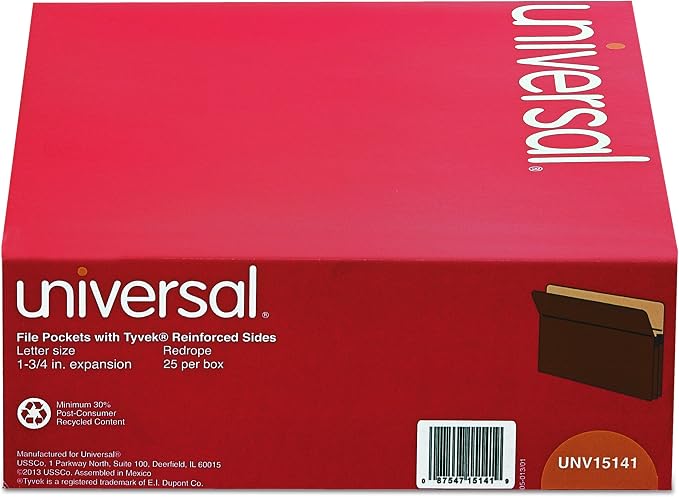 Universal 1 3/4 Expanding File Pockets, Straight Tab, Letter, Redrope/Manila, 25/Box (15141)