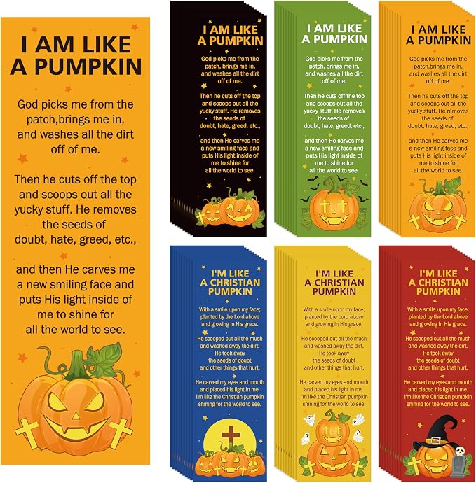 TICIAGA Halloween Pumpkin Bible Bookmarks - 60PCS Pumpkin Prayer Bookmarks for Kids Religious Christian Church Bible Verses Bookmark Giveaways for Sunday School Halloween Party Favors for Classmates